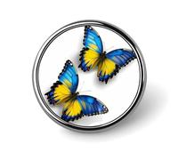 Spilla rotonda con farfalle gialle e blu vivaci in volo per uomo e donna, spilla da colletto, abito, giacca, zaino, accessori