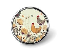 Spilla rotonda con gallina e farfalle che volano tra i fiori, spilla da bavero alla moda, spilla in metallo leggera, accessorio decorativo per costumi da uomo e donna
