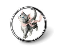 Spilla rotonda con gattino grigio e nastro rosa, accessorio moda per uomo e donna, distintivo da colletto, spilla elegante per giacca, zaino.