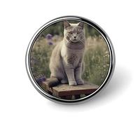 Spilla rotonda con gatto grigio nel campo di fiori per uomini e donne, spille da bavero resistenti ed eleganti, distintivi in metallo leggero per camicie, giacche, cappelli
