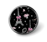 Spilla rotonda con la Torre Eiffel e la città di Parigi, ideale per colletto, giacca o abito.