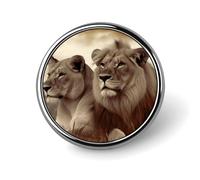 Spilla rotonda con leone africano e leonessa, in metallo, personalizzata, adatta per abbigliamento, borse, cappelli, spilla stampata umoristica, decorazione per feste, accessori per uomini e donne