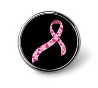 Spilla rotonda con nastro simbolo della lotta contro il cancro al seno, ideale per colletti e cappotti eleganti.