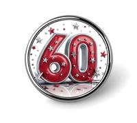 Spilla rotonda con numero 60 rosso lucido e stella argentata per uomo e donna, spilla da colletto, abito, giacca, zaino, accessori