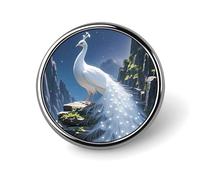 Spilla rotonda con pavone bianco e luna per uomini e donne, spille da bavero resistenti ed eleganti, distintivi in metallo leggero per camicie, giacche, cappelli