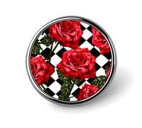 Spilla rotonda con rose rosse su sfondo nero e diamanti bianchi