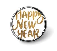 Spilla rotonda con scritta "Happy New Year" con glitter dorati, per uomo e donna, alla moda, per colletto, giacca, zaino, accessori