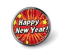 Spilla rotonda con scritta "Happy New Year", per cravatta, abiti, matrimoni, compleanni, per uomini e donne