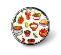 Spilla rotonda con simboli della salsa messicana, distintivi personalizzati in metallo, adatta per abbigliamento, borse, cappelli, spilla stampata umoristica, decorazione per feste, accessori per