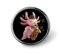 Spilla rotonda con simpatico axolotl che suona il sassofono, ideale per bavero, cravatta, cappello, abbigliamento e gioielli.