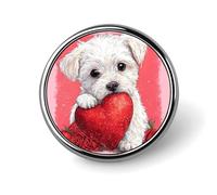 Spilla rotonda con simpatico cucciolo che tiene in mano un cuore rosso scintillante con rose, per uomo e donna, spilla da colletto, abito, giacca, zaino, accessori