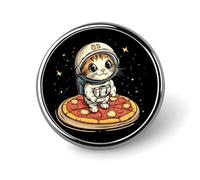 Spilla rotonda con simpatico gatto che vola su una pizza e un astronauta, ideale come spilla da bavero, distintivo, decorazione per abbigliamento e cappelli, regalo per uomo e donna.