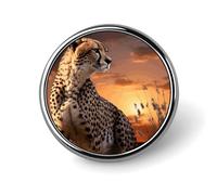 Spilla rotonda con stemma a forma di ghepardo che guarda oltre la savana con tramonto, spilla da bavero alla moda, spilla in metallo leggero, accessorio decorativo per costumi da uomo e donna.