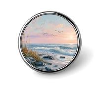 Spilla rotonda con tramonto, scena costiera, onde dell'oceano e spiaggia sabbiosa per uomo e donna, distintivo alla moda, spilla da colletto, giacca elegante, zaino, accessori.