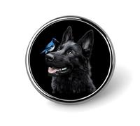 Spilla rotonda da bavero con cane pastore nero e ghiandaia azzurra, bottone, cravatta, elegante, cappello, abbigliamento, gioielli, accessori