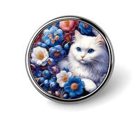 Spilla rotonda da bavero con gatto bianco dagli occhi azzurri per uomo e donna, in lega di alluminio, con smalto alla moda, p