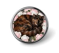 Spilla rotonda da bavero con gatto tartarugato tra le rose per uomo e donna, in lega di alluminio, con smalto alla moda, per