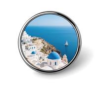 Spilla rotonda da bavero con vista mare dell'isola di Santorini per uomo e donna, in lega di alluminio, con smalto, ideale pe