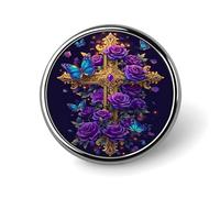 Spilla rotonda in lega di alluminio con croce dorata, rose viola, farfalle, Sacro Cuore e Cristo, rossa, ideale per giacche, zaini, cappelli, camicie. Elegante accessorio da bavero in metallo per uomo