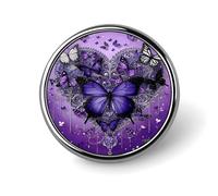 Spilla rotonda in lega di alluminio con farfalla viola, cuore, procione, neve, cuore, pigne, inverno, ideale per giacche, zaini, cappelli, camicie. Elegante accessorio da bavero in metallo per uomo e