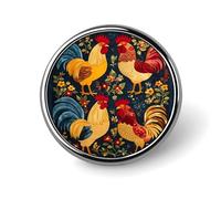 Spilla rotonda in lega di alluminio con gallo e patchwork floreale natalizio, ideale per giacche, zaini, cappelli, camicie. Elegante spilla in metallo da bavero per uomo e donna. 2,5 cm.