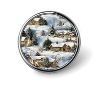 Spilla rotonda in lega di alluminio con natalizio innevato in una casetta di montagna, regali e alberi, ideale come spilla decorativa per giacche, zaini, cappelli, camicie, elegante accessorio da bav