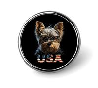 Spilla rotonda in metallo con bandiera USA e cane Yorkshire Terrier, ideale come regalo per uomo, donna, per abbigliamento, borse e cappelli.