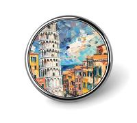 Spilla rotonda in metallo con divertente immagine delle Cinque Terre e della Torre di Pisa | Accessori originali per abbigliamento, cappelli, borse e cravatte per uomo e donna