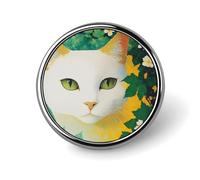 Spilla rotonda in metallo con gatto bianco dagli occhi verdi, graziosa spilla da bavero, distintivo per cravatta, accessori per abbigliamento uomo e donna
