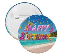 Spilla rotonda in metallo con scritta "Happy Birthday on the Beach", leggera per zaino, spille alla moda per camicie, giacche, cappotti, scialle, unisex, 5PCS, Banda stagnata, perni rotondi in metallo