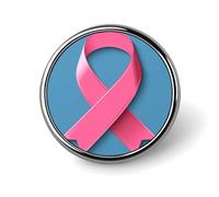 Spilla rotonda nastro rosa sensibilizzazione cancro su sfondo blu, accessorio simbolico