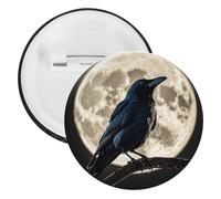 Spilla rotonda per donne e uomini, spilla rotonda unisex da bavero con corvo nero sulla luna piena, accessorio per Natale, Halloween, compleanno, 1 pezzo, plastica, senza pietra preziosa