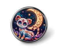Spilla rotonda personalizzata con teschio di gatto e luna per il Dia de los Muertos, spilla da bavero per la decorazione di abiti