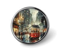 Spilla rotonda rossa con tram sotto la pioggia, spilla da bavero, da scialle, da colletto con distintivo in metallo vintage, decorazione per gioielli, abito, maglione, zaino, regalo p