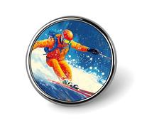 Spilla rotonda smaltata con sciatore che scia su una montagna innevata, ideale come decorazione per cappelli, abbigliamento, borse, accessori e regali.
