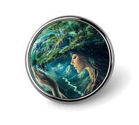 Spilla rotonda smaltata raffigurante Gaia, la dea della Terra della mitologia greca, ideale per bavero, zaino e cappelli.
