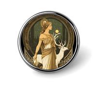 Spilla rotonda smaltata raffigurante la dea della mitologia greca, ideale per bavero, zaino e cappelli.