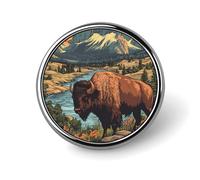 Spilla rotonda vintage in smalto con bisonte tra le montagne, ideale come decorazione per cappelli, abbigliamento, borse, accessori e regali.