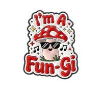 Spilla smaltata a forma di fungo con scritta "I'm A Fun-Gi, 3 cm x 2,3 cm, simpatico personaggio del fungo con occhiali da sole, divertente design gioco di parole, spilla in metallo per giacche, borse