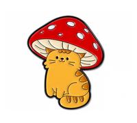 Spilla smaltata a forma di gatto a forma di fungo, 3 x 2,6 cm, simpatica spilla da bavero arancione sotto il fungo rosso, regalo per gli amanti