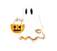Spilla smaltata a forma di lanterna di zucca fantasma bianca per le donne | Spilla arancione Jack-O-Lantern Halloween Goblin - color oro e 4,4 cm, unisex, accessorio per costume da festa