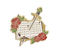Spilla smaltata a forma di libro e spada con decorazione a rosa, spilla a tema letterario per gli amanti dei libri