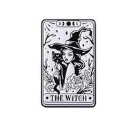 Spilla smaltata con carta dei tarocchi della strega, 4 cm x 2,5 cm, gatto nero, strega, gotico, tarocchi, accessorio in metallo, mistico, Halloween, per collezionisti spirituali