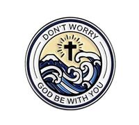Spilla smaltata con scritta "Don't Worry God Be With You", 3 x 3 cm, con croce, onde e sole, accessorio per borse, giacche e cordini, regalo ispiratore per i credenti