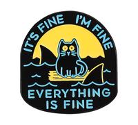 Spilla smaltata con scritta "It's Fine I'm Fine Everything is Fine - Divertente gatto con squali intorno a divertenti spille per zaini, Acciaio inossidabile, Senza pietra