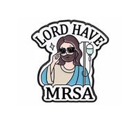Spilla smaltata Lord Have MRSA 2,8 x 3 cm - Divertente spilla umoristica medica con Gesù e flebo IV, regalo scherzo sanitario per infermieri, medici, studenti di medicina e personale ospedaliero