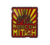 Spilla smaltata Moscow Mitch 2,5 x 3 cm, design grafico rosso e giallo con sagoma del Cremlino e martello e falce in metallo da collezione
