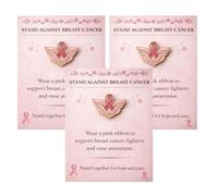 Spilla smaltata per la consapevolezza del cancro al seno con nastro rosa, spilla ispiratrice di supporto per i sopravvissuti con biglietto di auguri, gioielli con nastro rosa della forza alata (3pcs)