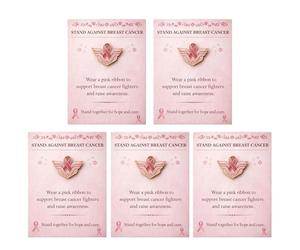 Spilla smaltata per la consapevolezza del cancro al seno con nastro rosa, spilla ispiratrice di supporto per i sopravvissuti con biglietto di auguri, gioielli con nastro rosa della forza alata (5pcs)