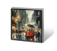 Spille a forma di tram rosso sotto la pioggia per donne e uomini, spille con distintivo quadrato, graziose spi